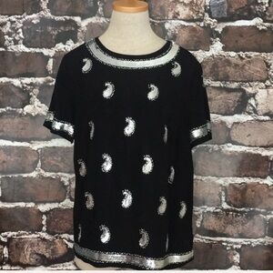 Michael Kors Top Shirt Blouse Medium M Sequins Paisley Silver Black Bling